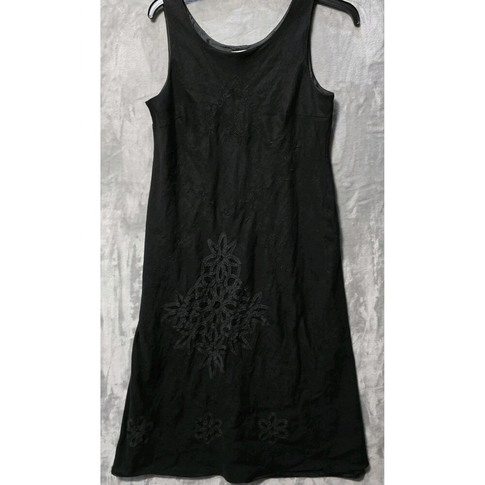 Plaza South Womens Petite 14P Black Linen Embroidered Sleeveless Dress Lined